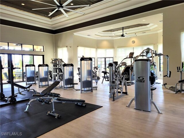 gym featuring a towering ceiling, hardwood / wood-style flooring, a raised ceiling, ornamental molding, and ceiling fan