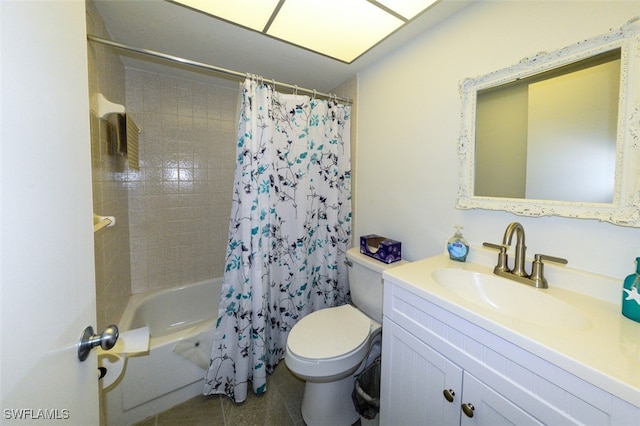 full bath featuring toilet, shower / bath combination with curtain, and vanity