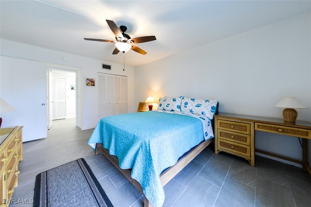 bedroom featuring visible vents, a closet, and a ceiling fan