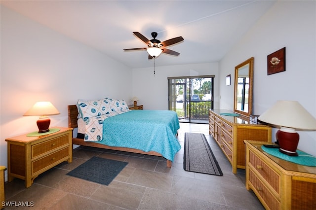 bedroom with ceiling fan and access to exterior