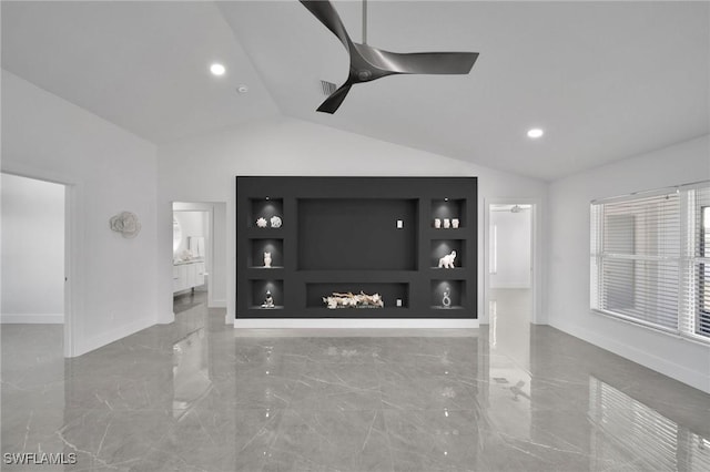 unfurnished living room featuring ceiling fan, lofted ceiling, and built in features