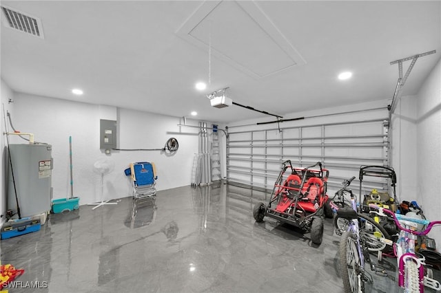 garage with electric panel and electric water heater