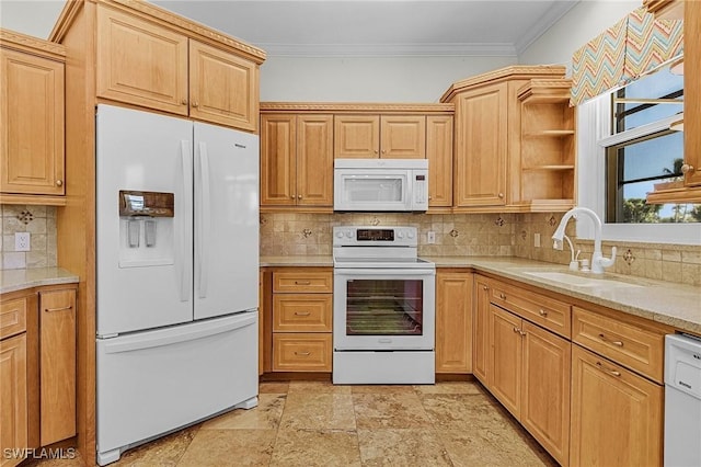 kitchen featuring decorative backsplash, ornamental molding, white appliances, and a sink