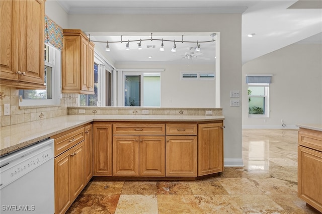 kitchen featuring backsplash, white dishwasher, a healthy amount of sunlight, and ornamental molding