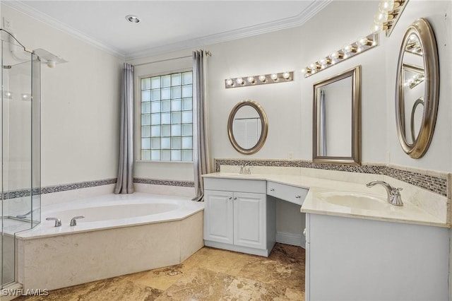 bathroom with vanity, a garden tub, a shower stall, and ornamental molding