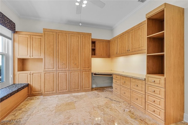 interior space with visible vents, built in desk, and ceiling fan