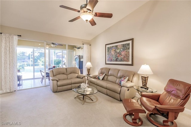 carpeted living room featuring lofted ceiling and ceiling fan