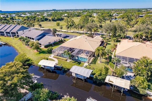 drone / aerial view featuring a water view