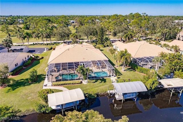 drone / aerial view with a water view