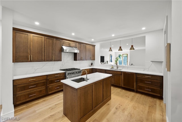 kitchen with decorative light fixtures, sink, high end stainless steel range, and light hardwood / wood-style flooring