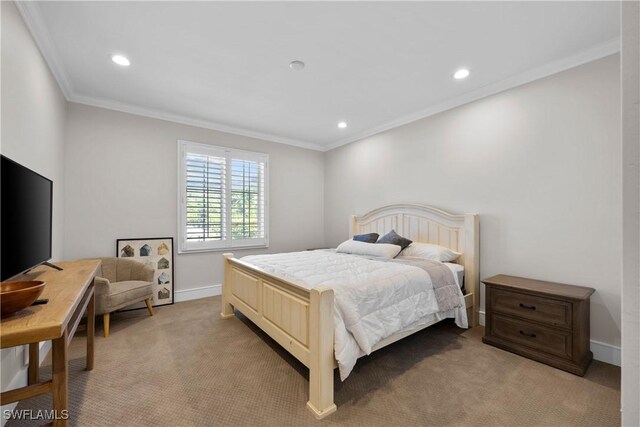 55 E Burning Tree Dr, Naples, FL 34105 - bedroom with crown molding, light colored carpet, baseboards, and recessed lighting