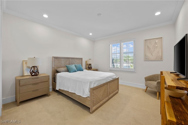 carpeted bedroom featuring crown molding