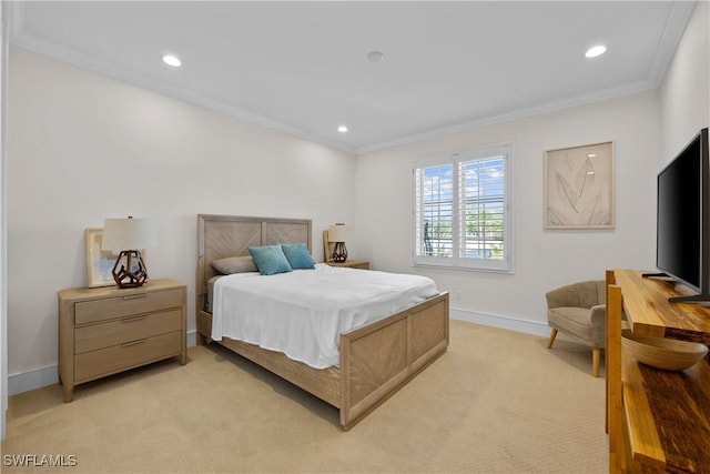 55 E Burning Tree Dr, Naples, FL 34105 - bedroom featuring light colored carpet, crown molding, baseboards, and recessed lighting
