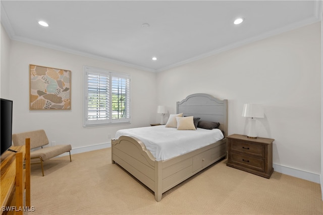 carpeted bedroom with crown molding