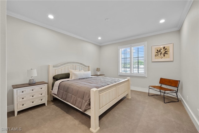 bedroom featuring light colored carpet and ornamental molding