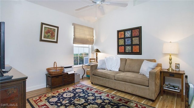 living room with ceiling fan and wood-type flooring