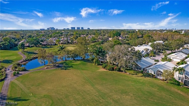 aerial view featuring a water view and golf course view