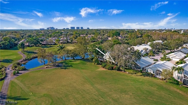 aerial view featuring a water view and golf course view