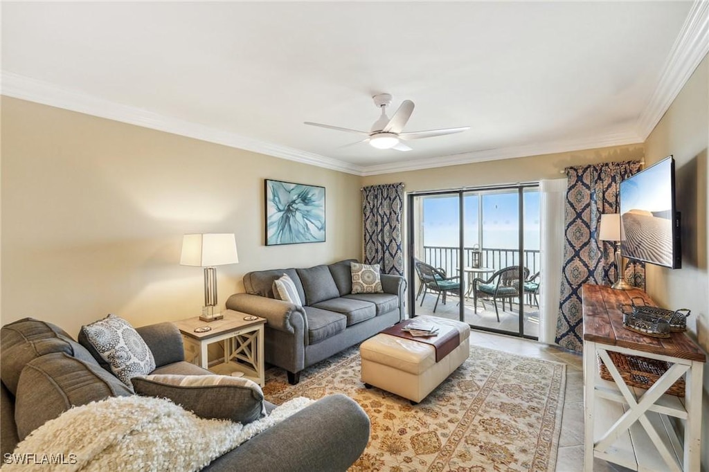 tiled living room with ceiling fan and ornamental molding