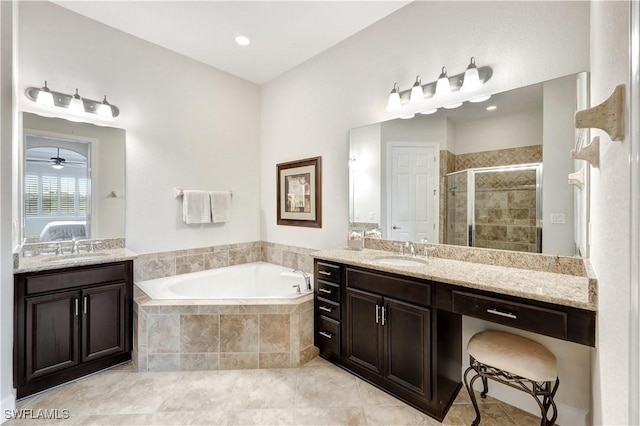 bathroom featuring vanity, ceiling fan, tile patterned floors, and separate shower and tub