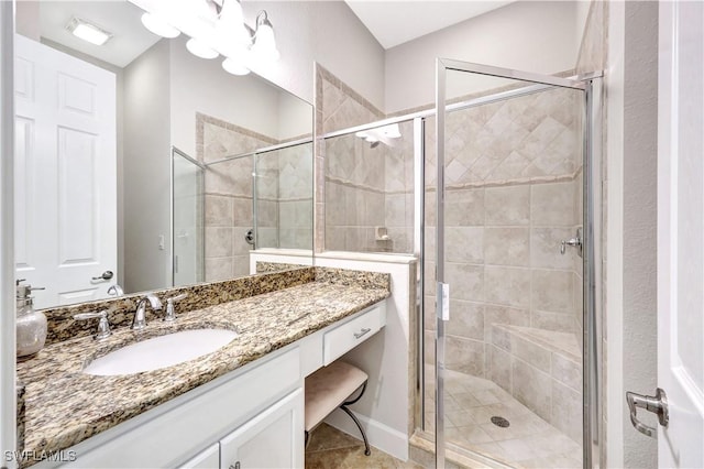 bathroom with tile patterned floors, vanity, and a shower with shower door