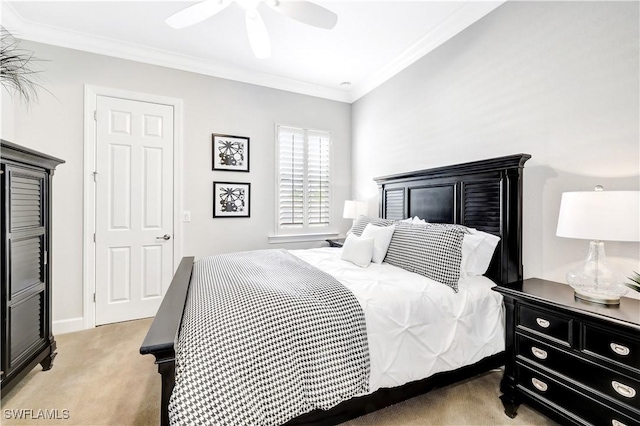 bedroom featuring ceiling fan, light colored carpet, and ornamental molding