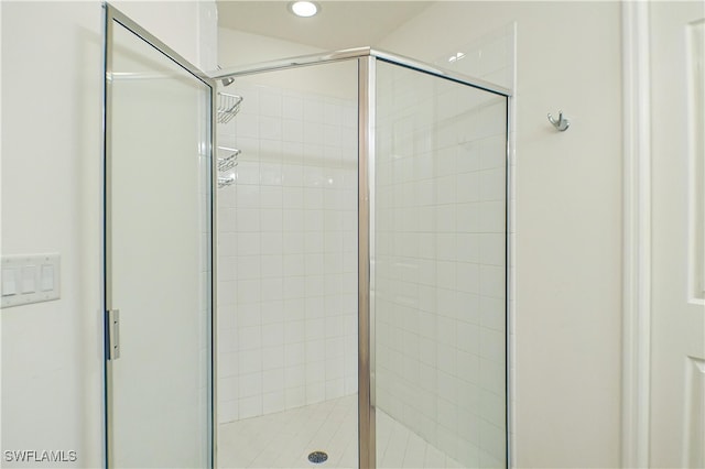 bathroom with a shower with shower door