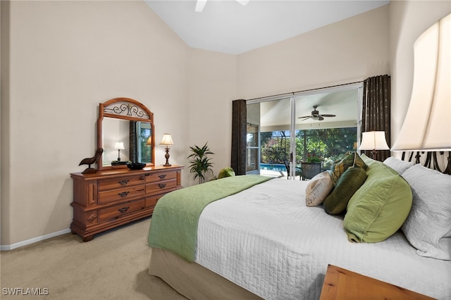 bedroom featuring access to outside, ceiling fan, and carpet