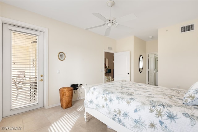 tiled bedroom with access to exterior and ceiling fan