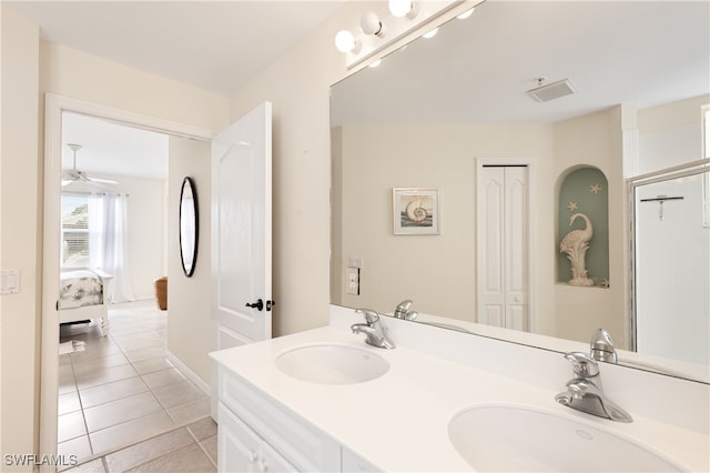 bathroom with vanity, tile patterned floors, and ceiling fan