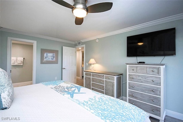 bedroom featuring ceiling fan and crown molding