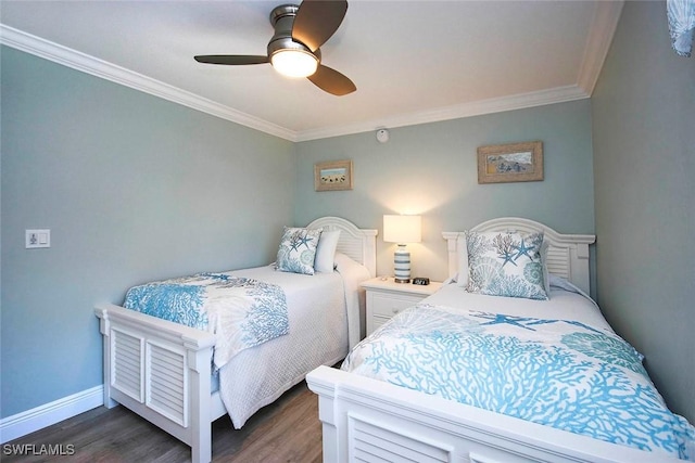 bedroom with dark hardwood / wood-style floors, ceiling fan, and ornamental molding