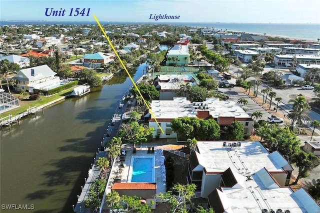 aerial view featuring a water view