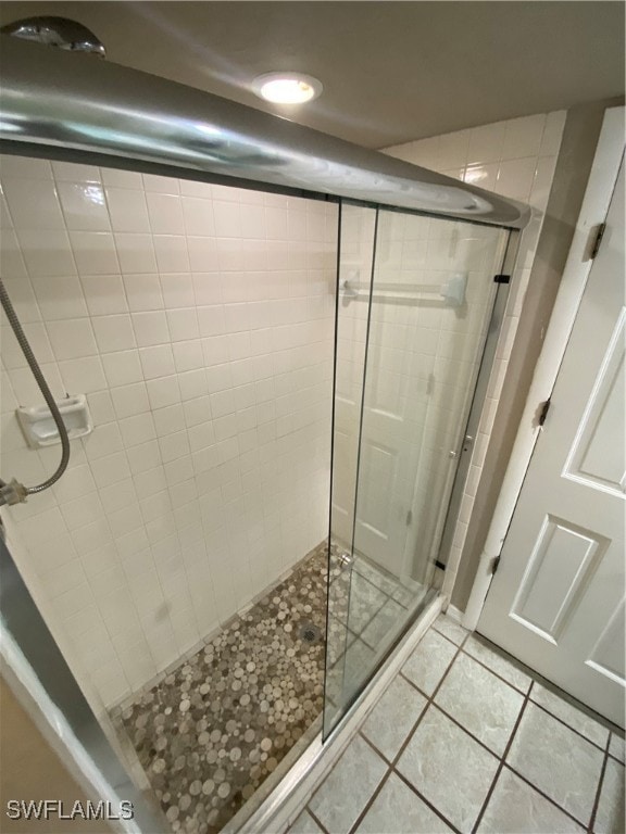 bathroom featuring tile patterned flooring and a shower with shower door