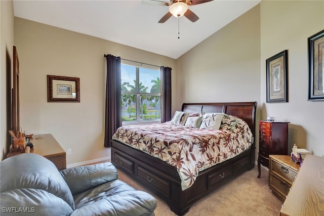 carpeted bedroom featuring ceiling fan and lofted ceiling