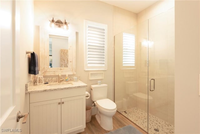 14248 Laguna Springs Ln, Naples, FL 34114 - bathroom featuring toilet, a shower stall, vanity, and wood finished floors