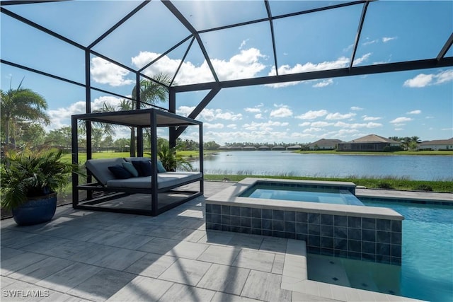 14248 Laguna Springs Ln, Naples, FL 34114 - outdoor pool with a water view, a patio, an in-ground hot tub, and glass enclosure