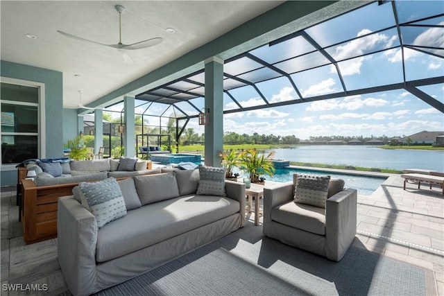 14248 Laguna Springs Ln, Naples, FL 34114 - view of patio / terrace featuring a water view, an outdoor living space, glass enclosure, and a ceiling fan