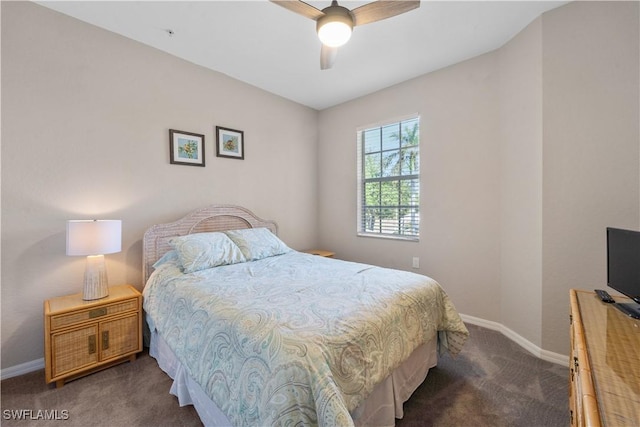 bedroom with carpet flooring, ceiling fan, and baseboards