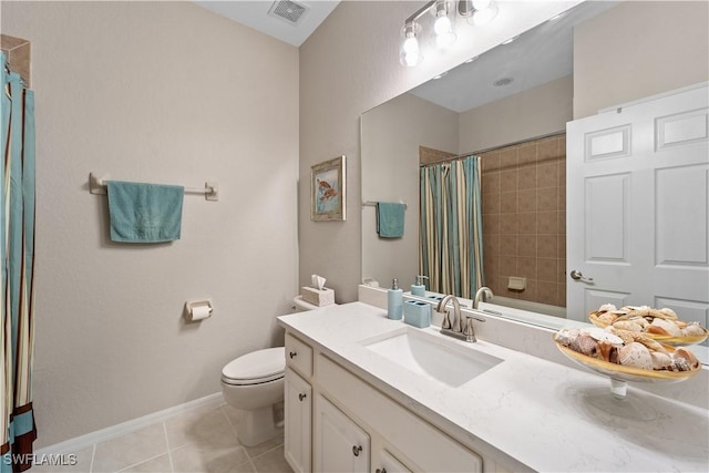 bathroom with toilet, tile patterned floors, vanity, visible vents, and a shower with curtain