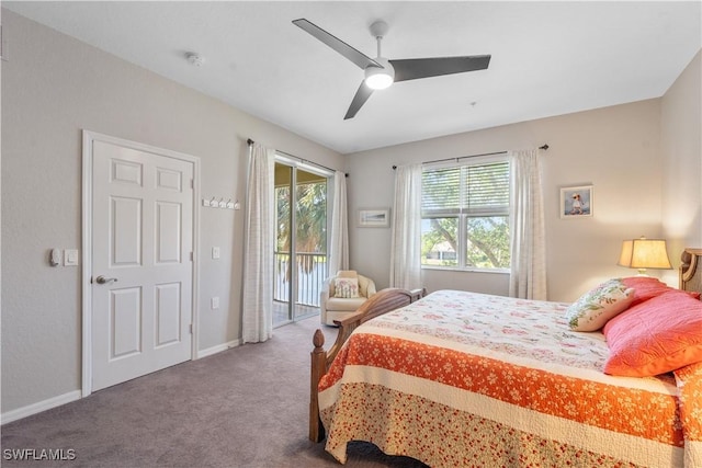 carpeted bedroom with ceiling fan, access to outside, and baseboards