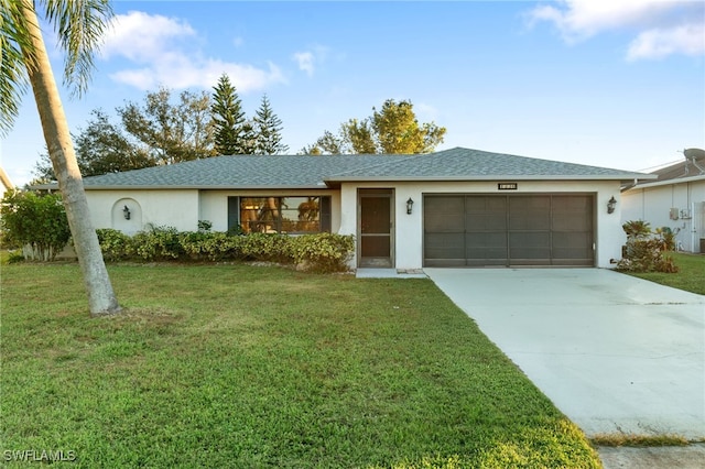 ranch-style house with a front yard and a garage