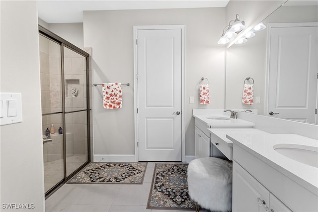 bathroom with tile patterned floors, vanity, and a shower with shower door