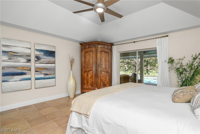 tiled bedroom featuring access to outside, vaulted ceiling, and ceiling fan