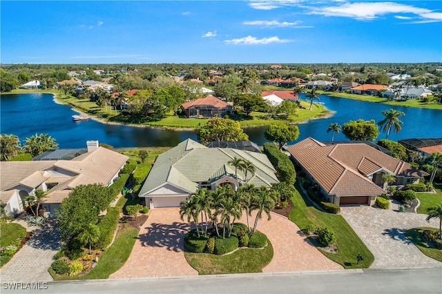 drone / aerial view featuring a water view