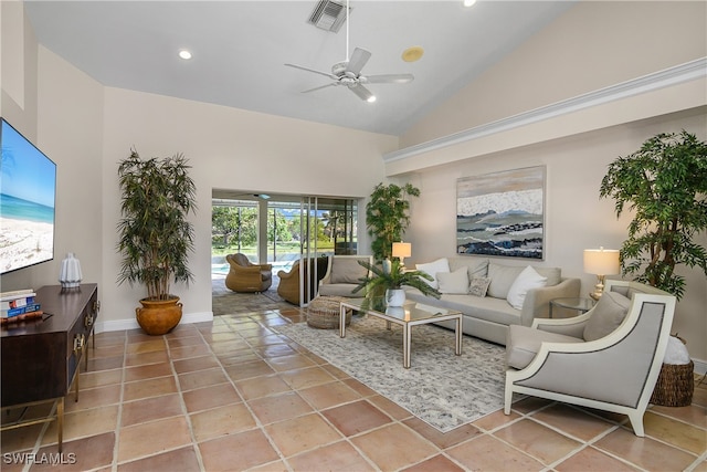 tiled living room featuring high vaulted ceiling and ceiling fan