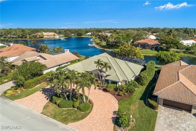 aerial view featuring a water view