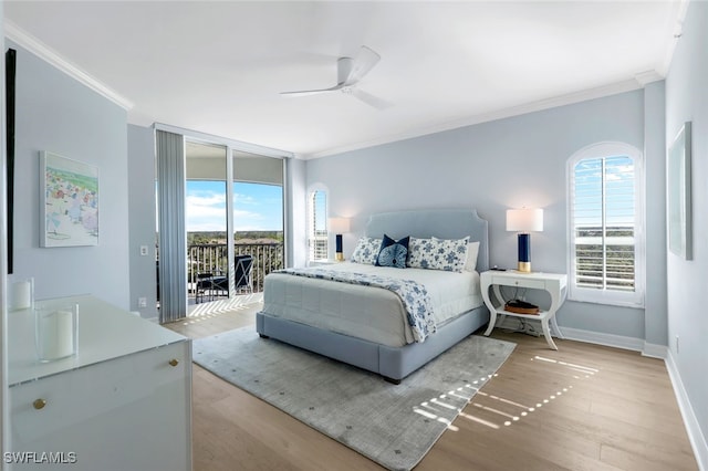 bedroom with ceiling fan, ornamental molding, access to outside, and light hardwood / wood-style flooring