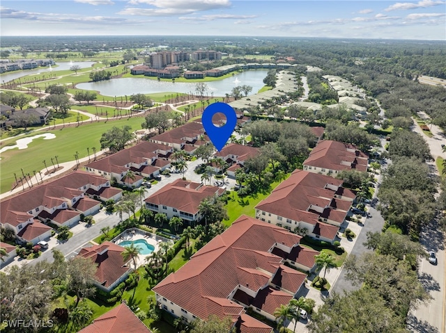 drone / aerial view featuring a water view