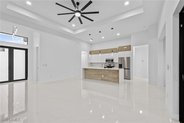 kitchen with appliances with stainless steel finishes, a tray ceiling, and white cabinetry